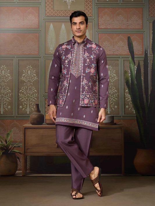 Dirty Purple Multi Thread Sequins Embroidery Work Wedding Wear Kurta And Jacket