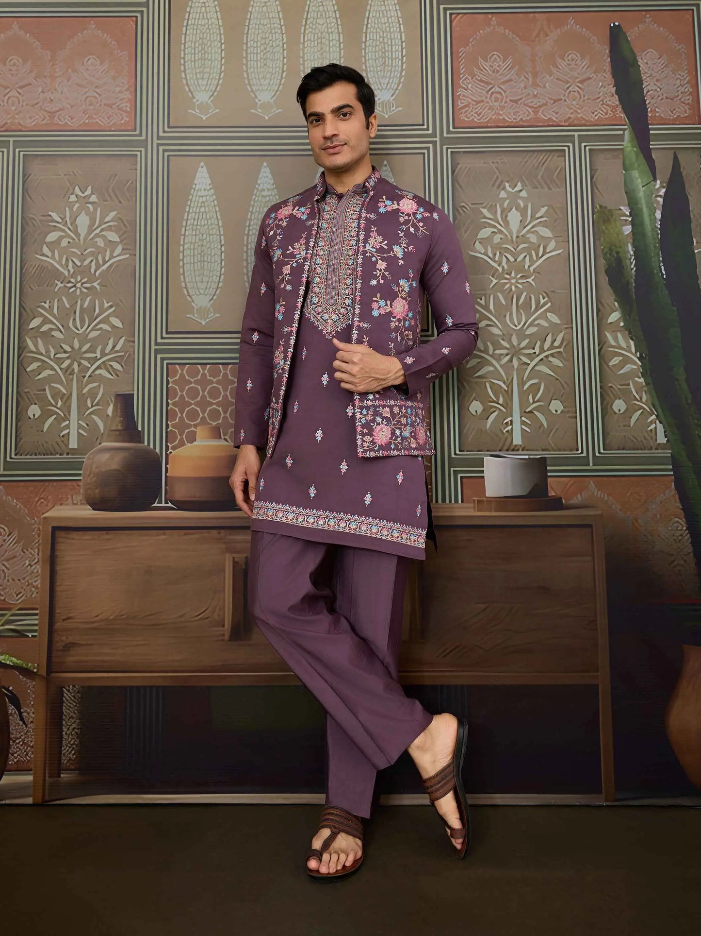 Dirty Purple Multi Thread Sequins Embroidery Work Wedding Wear Kurta And Jacket