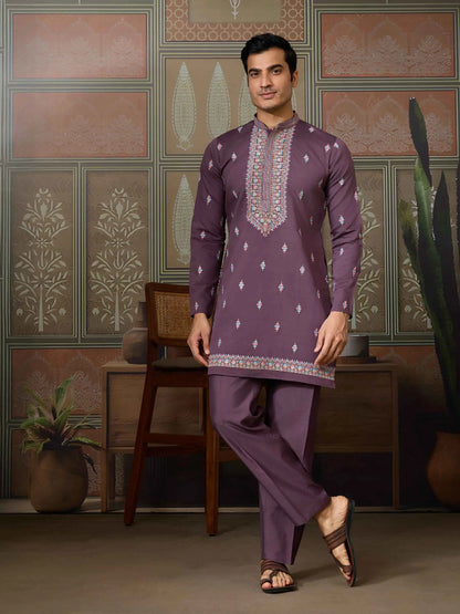 Dirty Purple Multi Thread Sequins Embroidery Work Wedding Wear Kurta And Jacket
