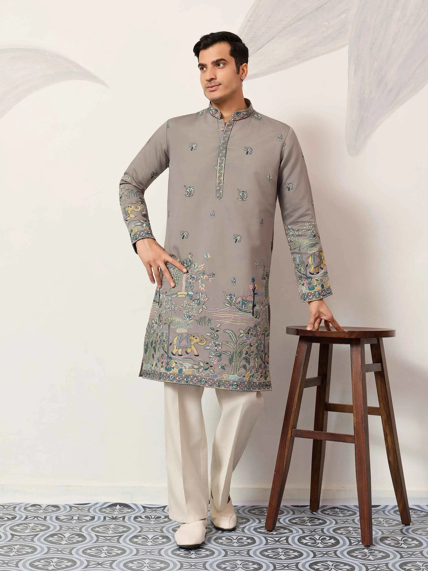 Dusty Grey Embroidered Kurta Set