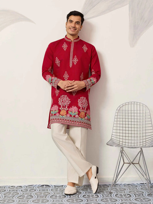 Red Embroidery Work Kurta Set