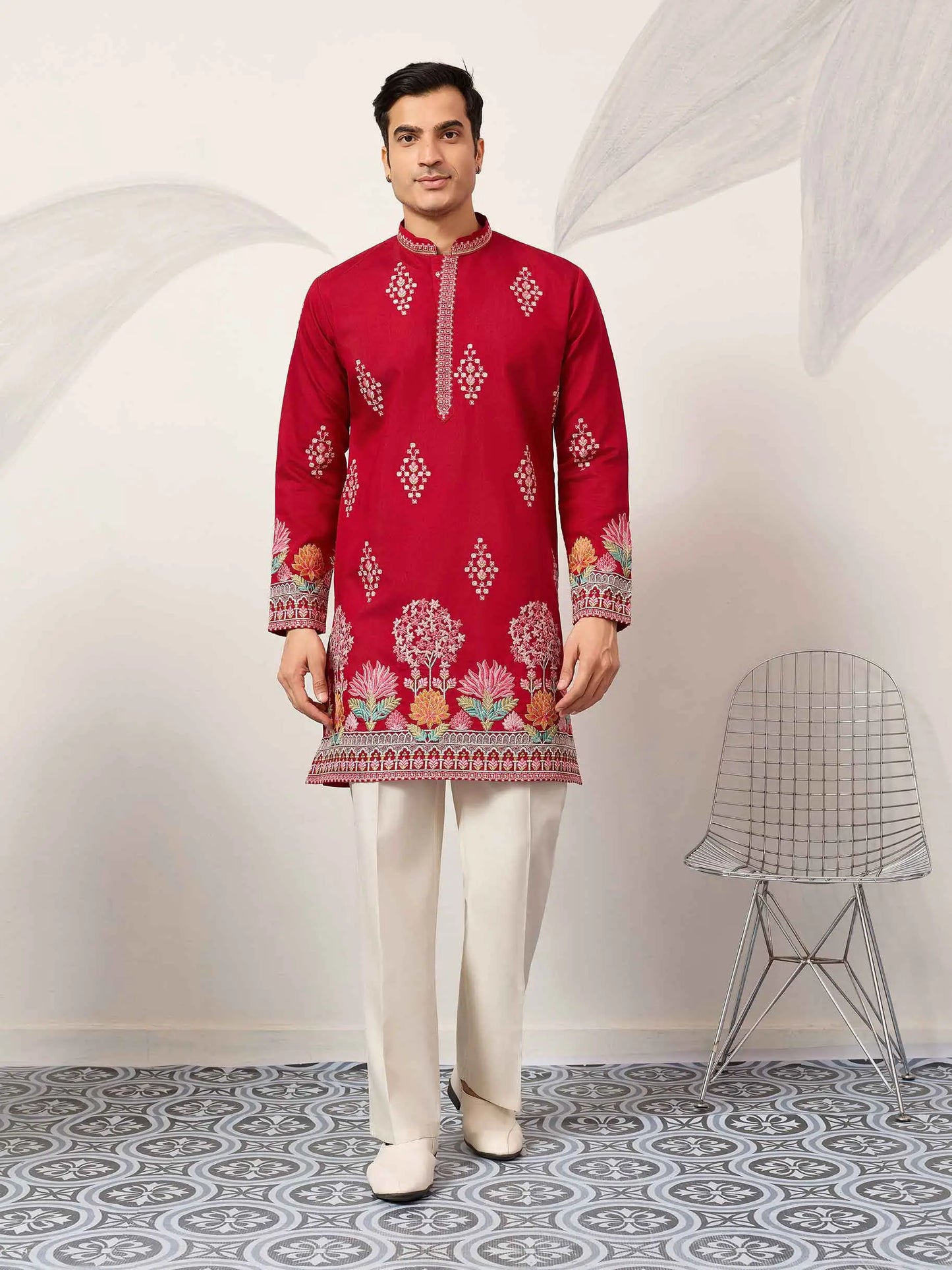 Red Embroidery Work Kurta Set