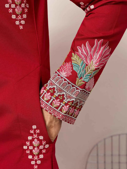 Red Embroidery Work Kurta Set