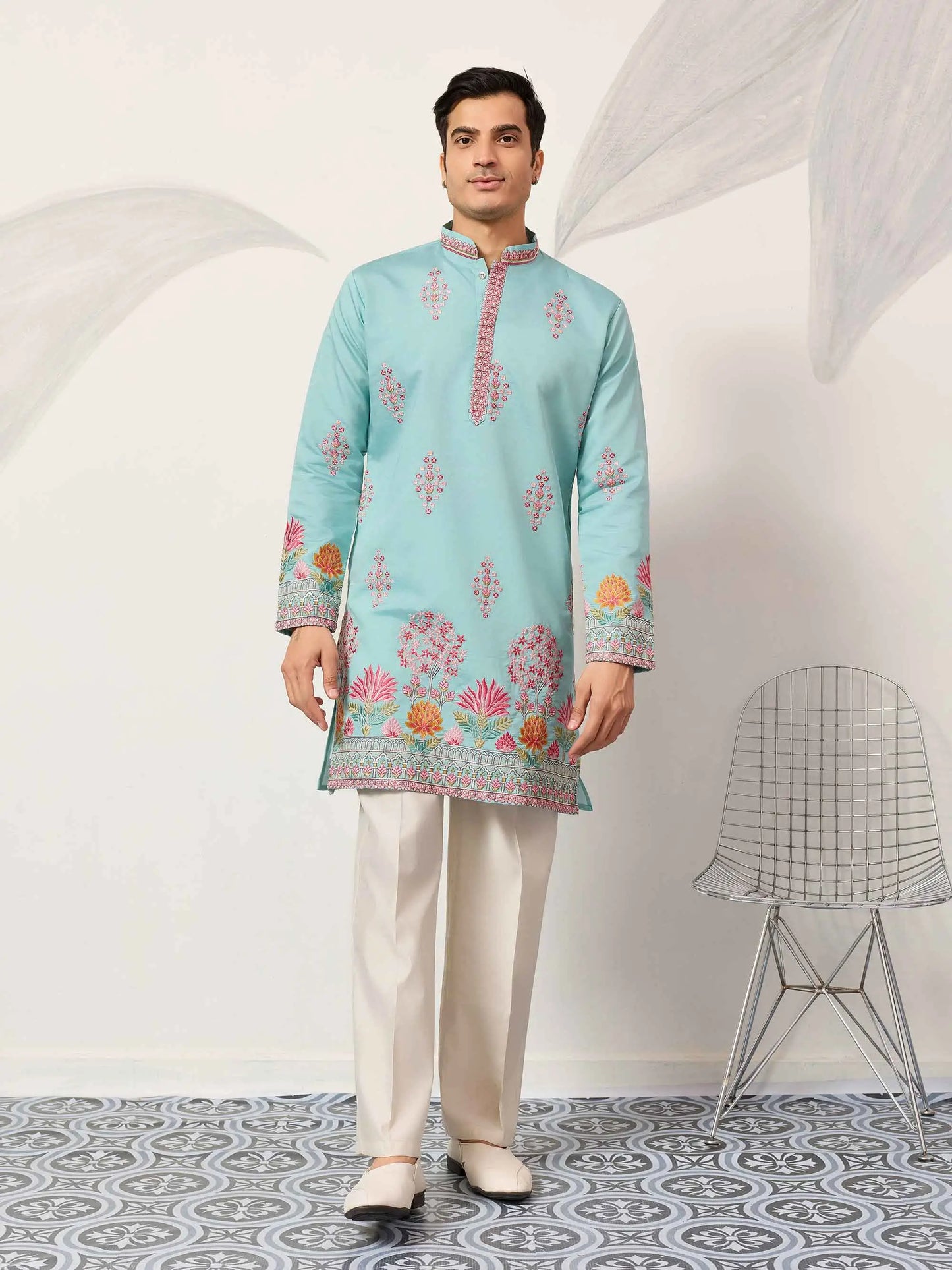 Sky Embroidery Work Kurta Set