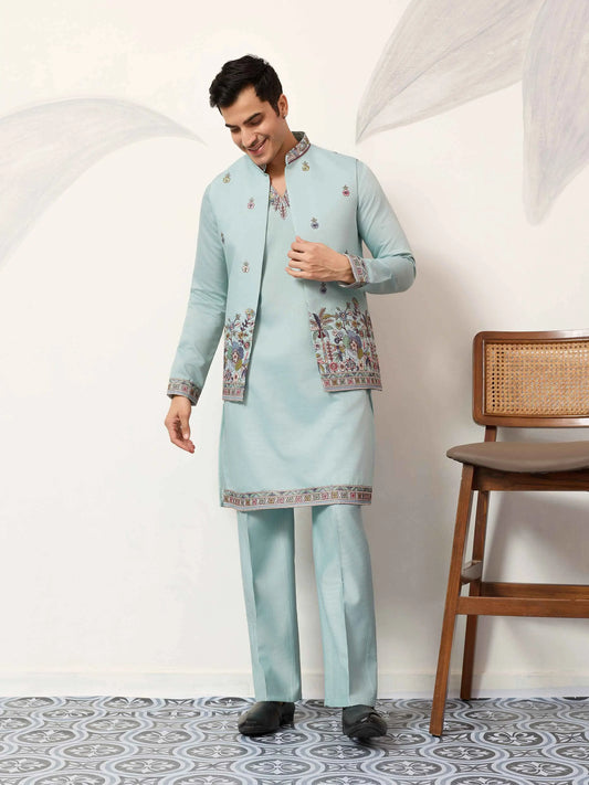 Pastel Sky Kurta Set With Embroidered Koti