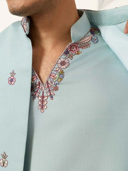 Pastel Sky Kurta Set With Embroidered Koti