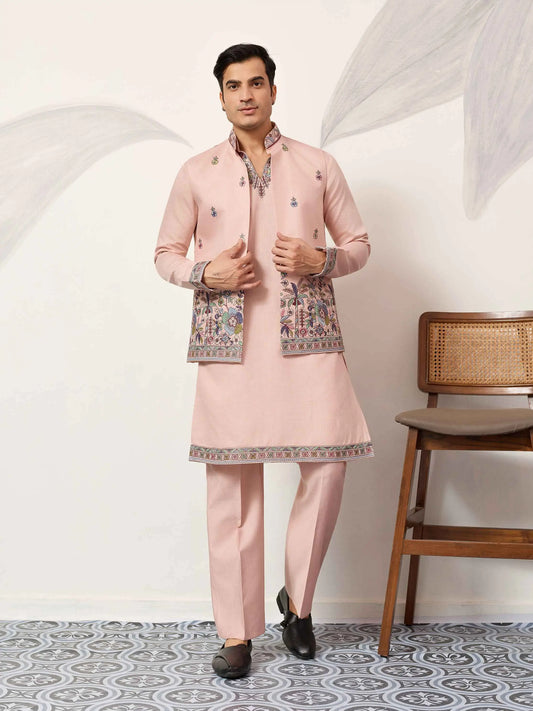 Peach Kurta Set With Embroidered Koti