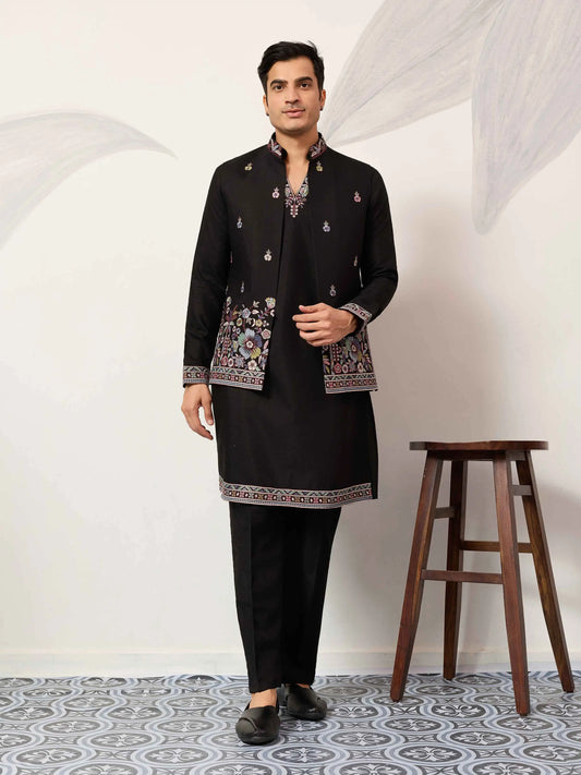 Black Kurta Set With Embroidered Koti