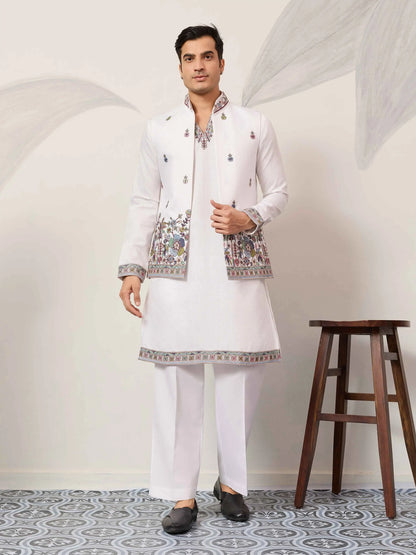 White Kurta Set With Embroidered Koti