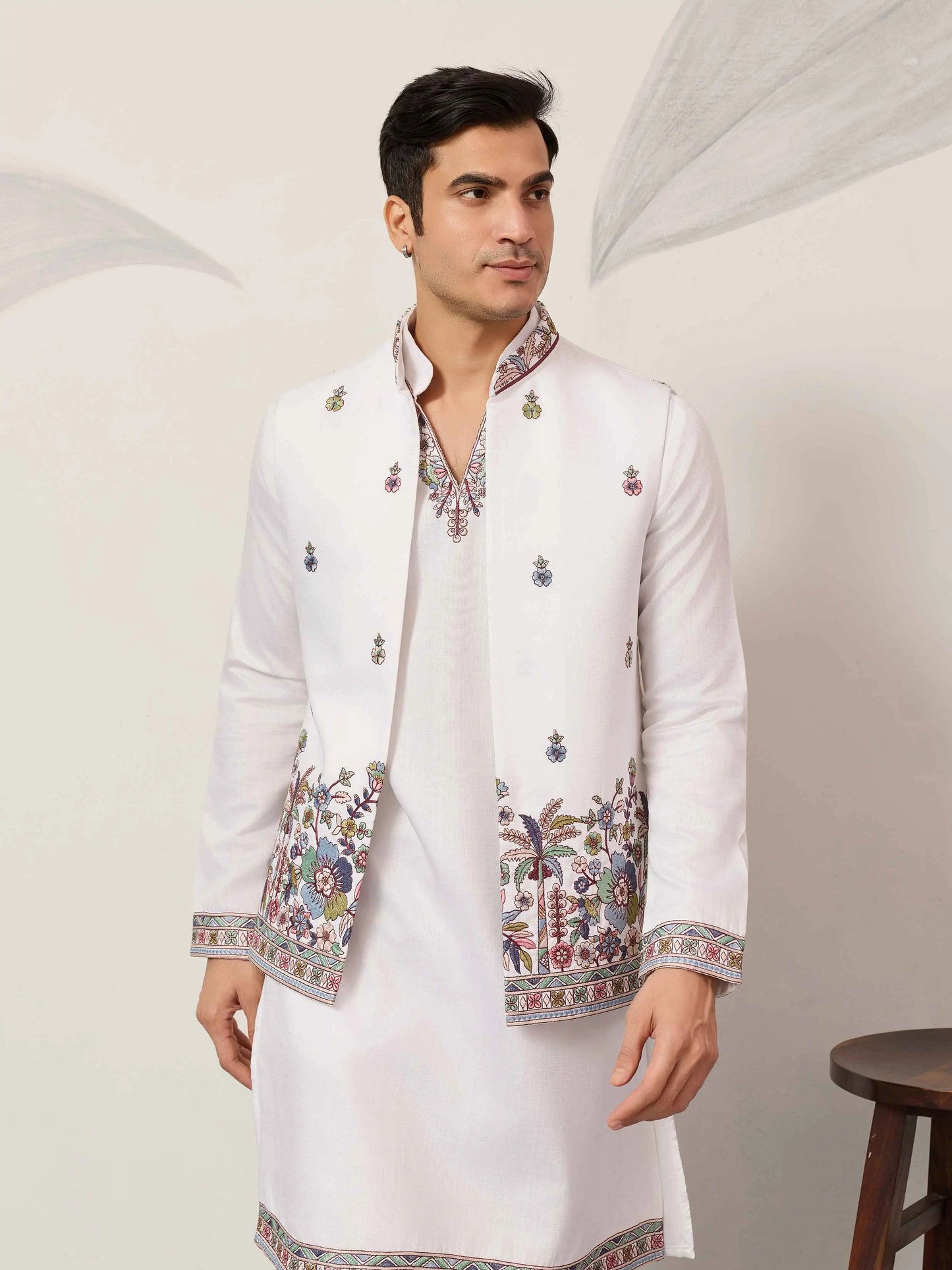 White Kurta Set With Embroidered Koti