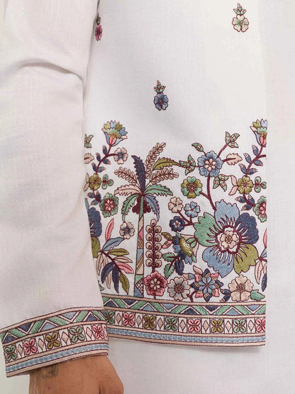 White Kurta Set With Embroidered Koti