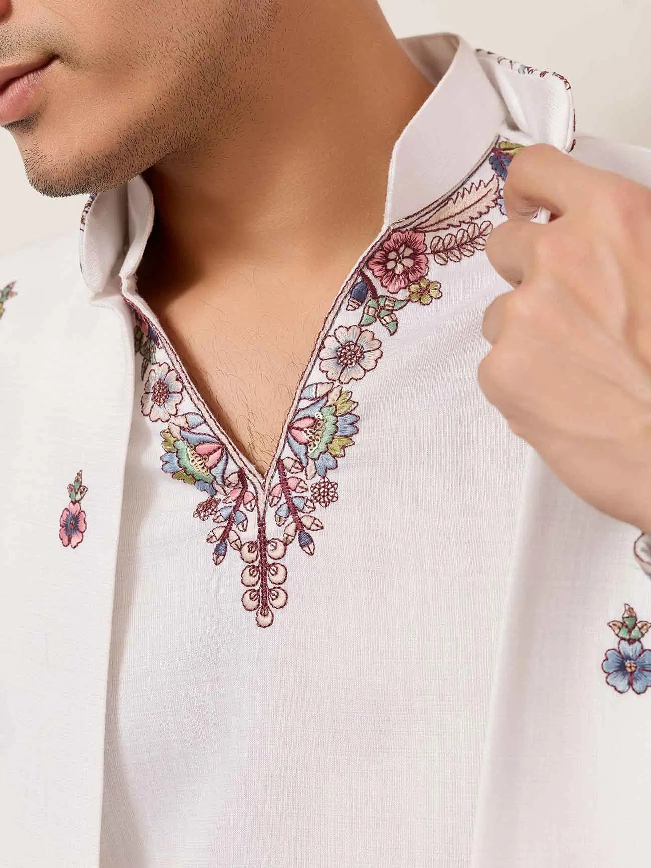 White Kurta Set With Embroidered Koti