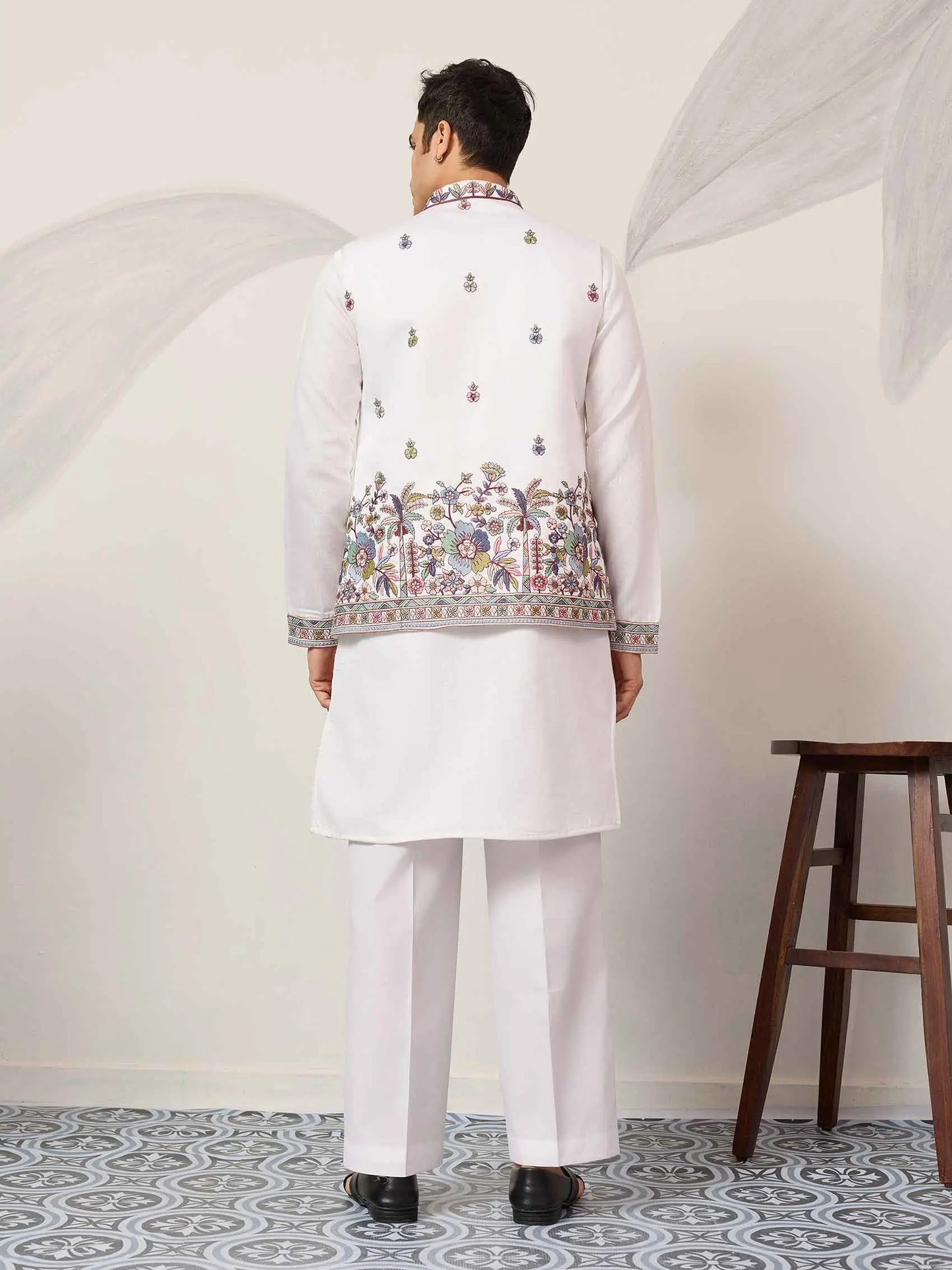 White Kurta Set With Embroidered Koti