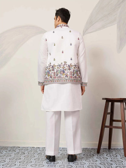White Kurta Set With Embroidered Koti