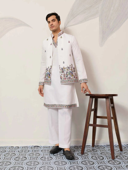 White Kurta Set With Embroidered Koti