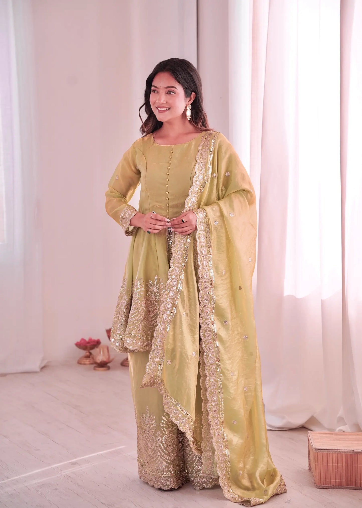Pale Yellow Fendi Silk Embroidery salwar suit