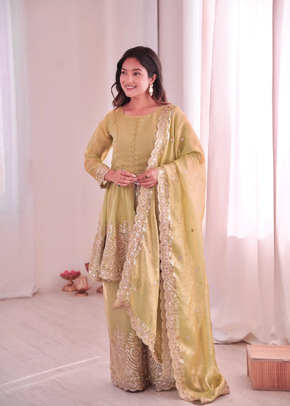 Pale Yellow Fendi Silk Embroidery salwar suit