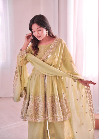 Pale Yellow Fendi Silk Embroidery salwar suit