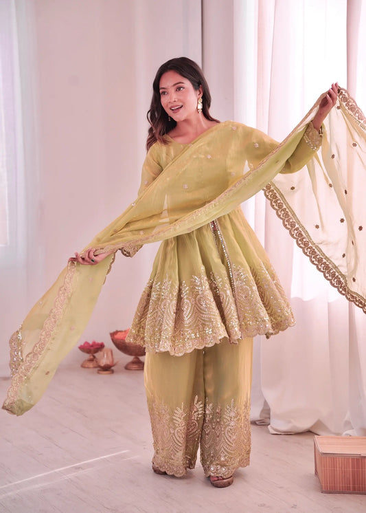 Pale Yellow Fendi Silk Embroidery salwar suit