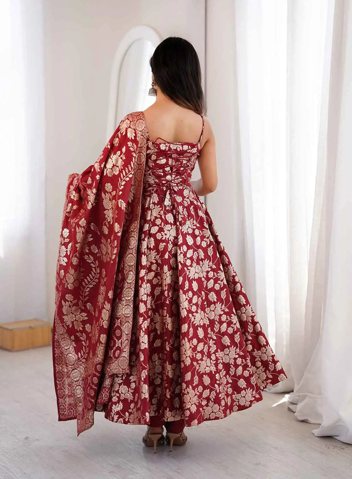 Maroon Banarasi Jacquard Dola Silk Gown