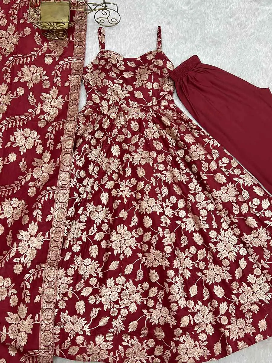 Maroon Banarasi Jacquard Dola Silk Gown