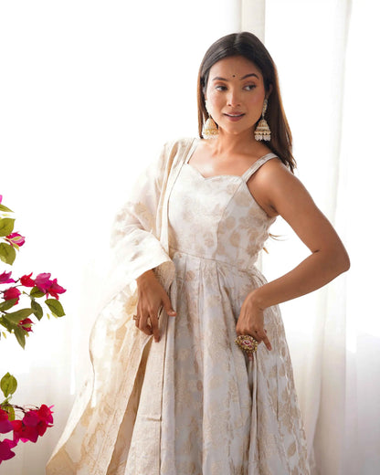 White Banarasi Jacquard Dola Silk Gown