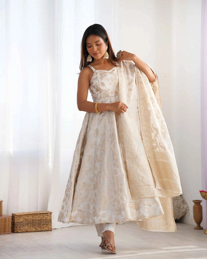 White Banarasi Jacquard Dola Silk Gown