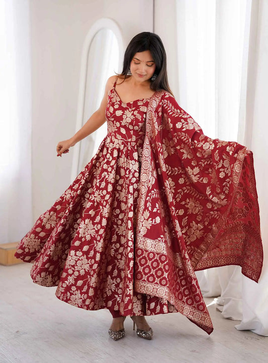 Maroon Banarasi Jacquard Dola Silk Gown