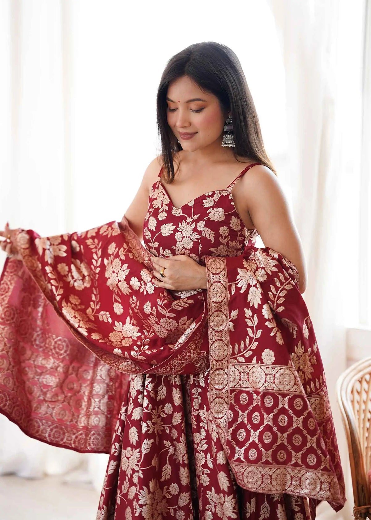 Maroon Banarasi Jacquard Dola Silk Gown