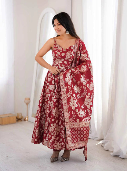 Maroon Banarasi Jacquard Dola Silk Gown