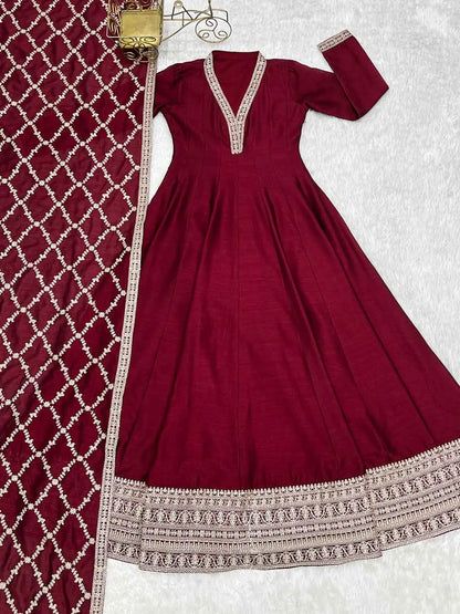 Dark Maroon Silk Embroidery Work Gown