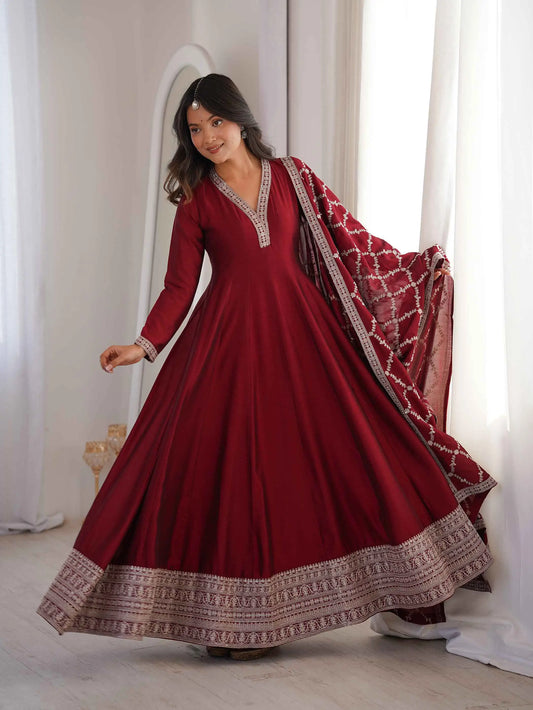 Dark Maroon Silk Embroidery Work Gown
