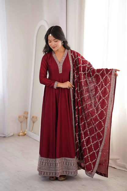 Dark Maroon Silk Embroidery Work Gown