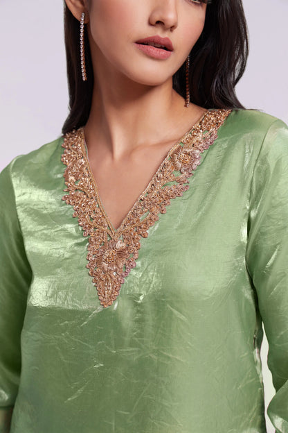 Pista Green Pure Organza Salwar Suit With Handwork