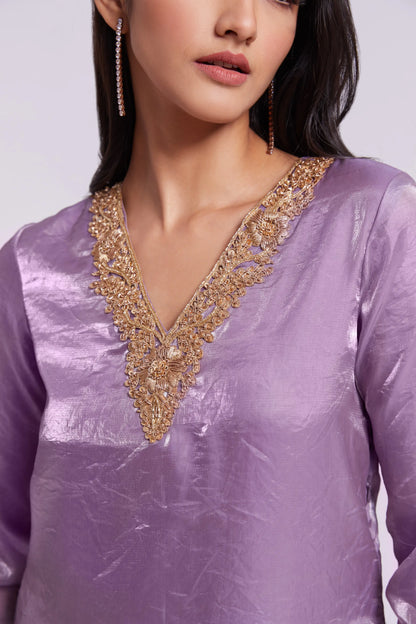 Lilac Purple Pure Organza Salwar Suit With Handwork