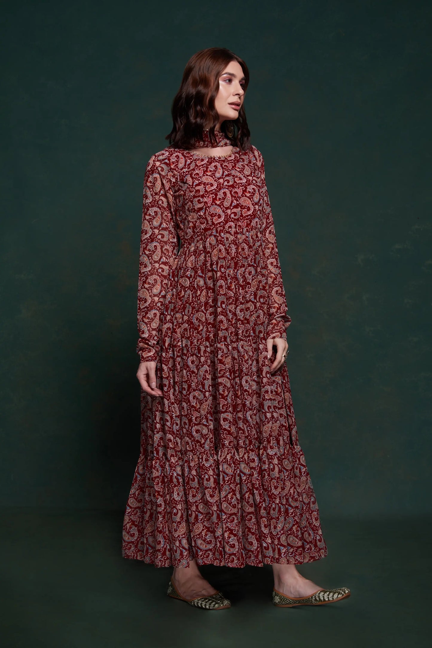 Maroon Printed Gown With Dupatta