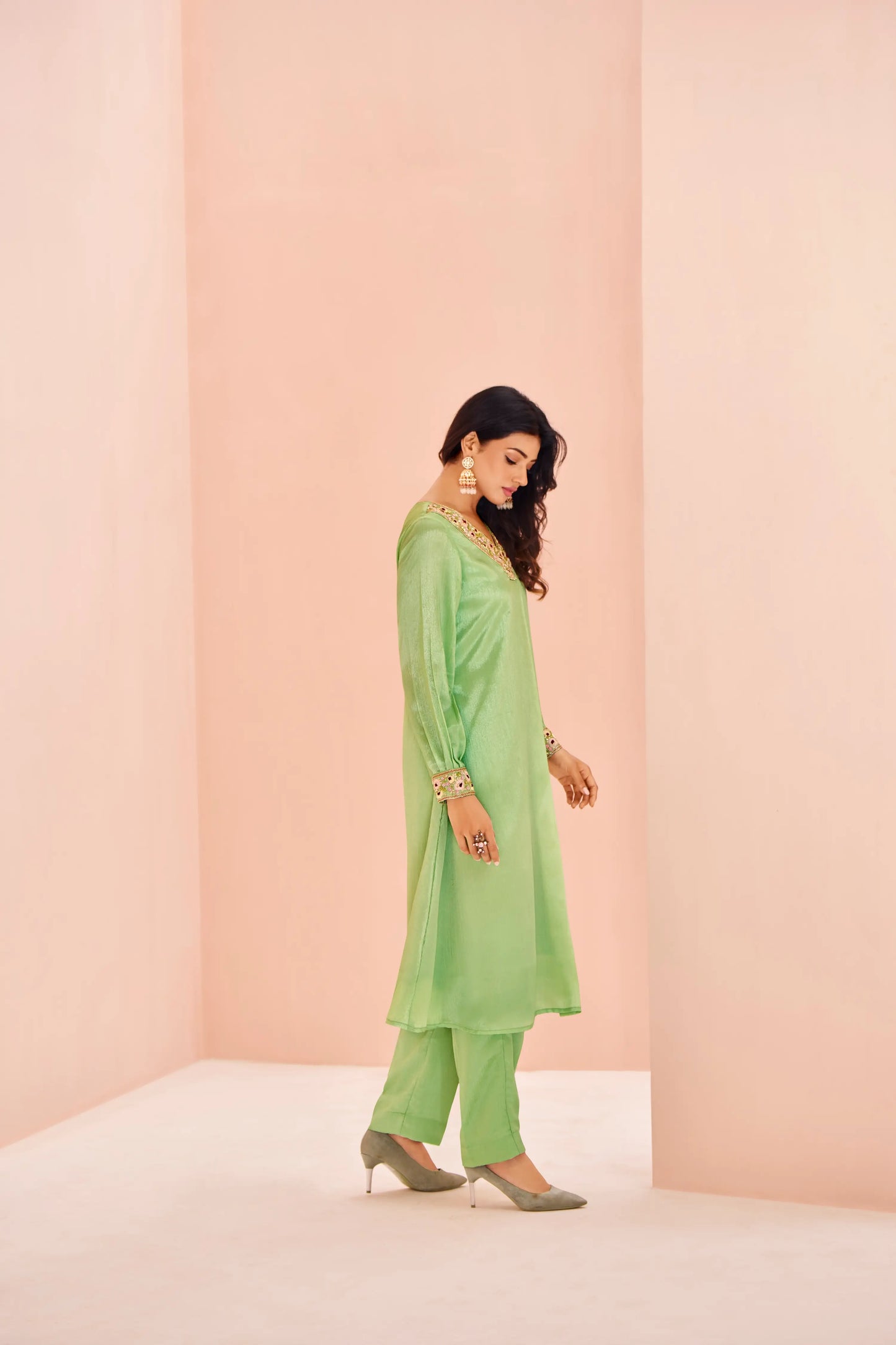 Pista Green Chinon Salwar Suit With Handwork