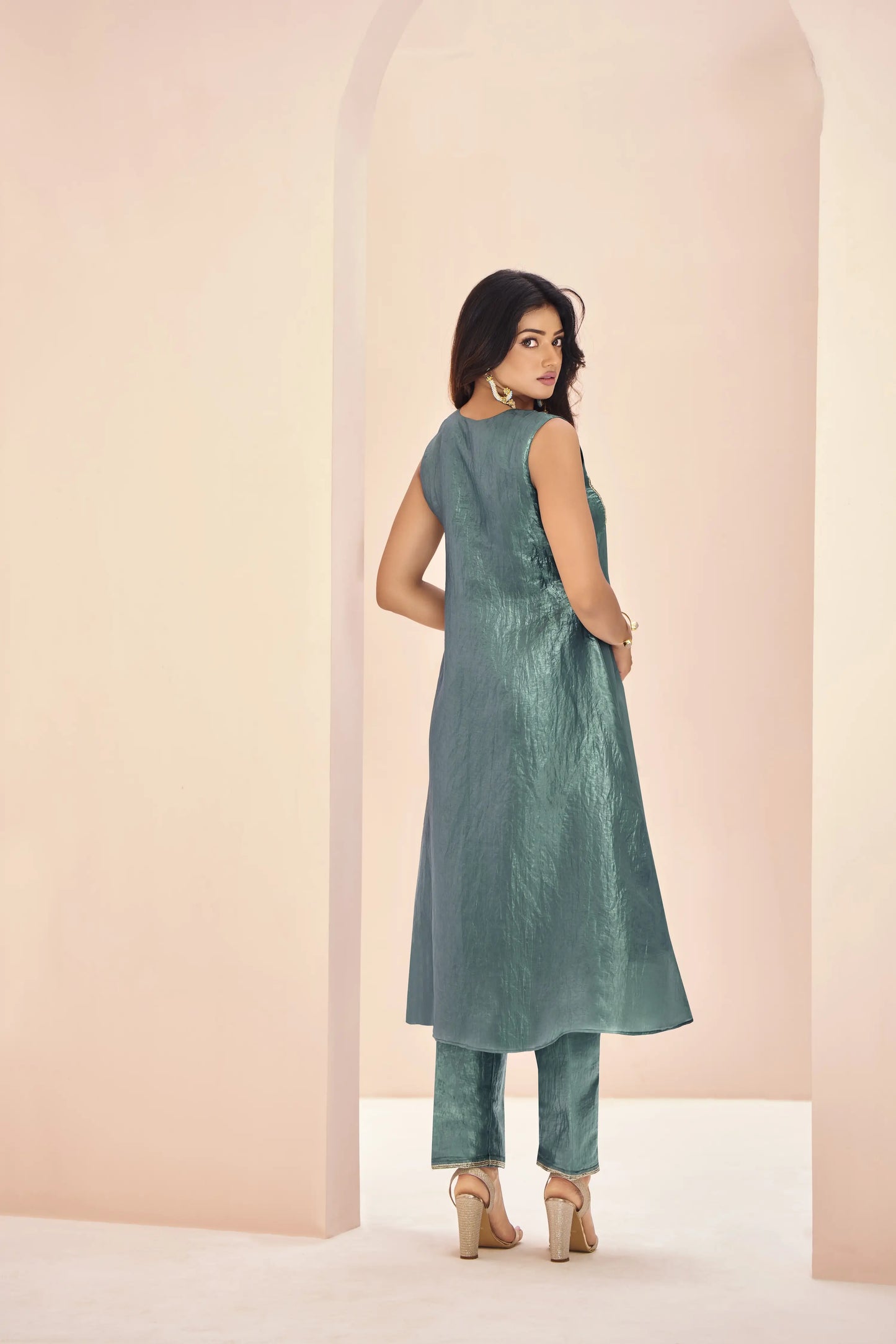 Aqua Green Organza Salwar Suit With Handwork