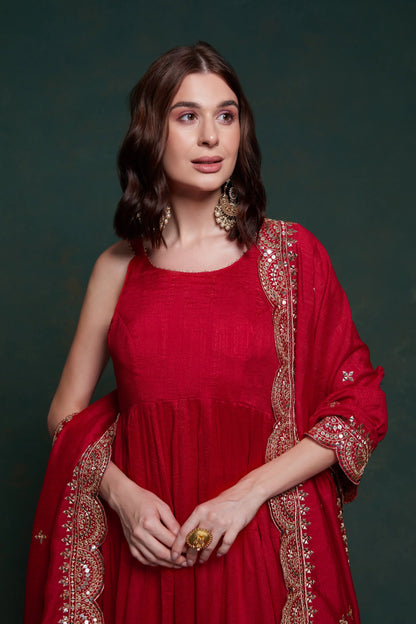 Red Georgette Gown With Dupatta