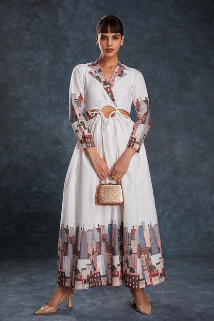 White Printed Linen Gown