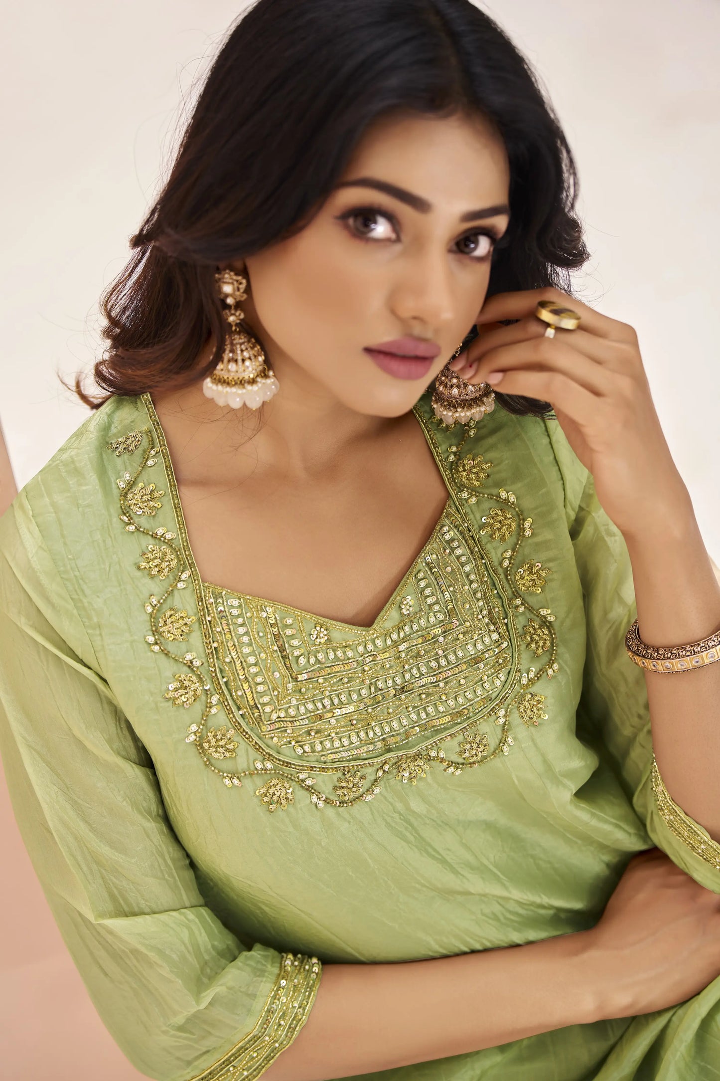 Light Green Organza Salwar Suit With Handwork