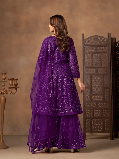 Purple Net Embroidery Work Sharara Set
