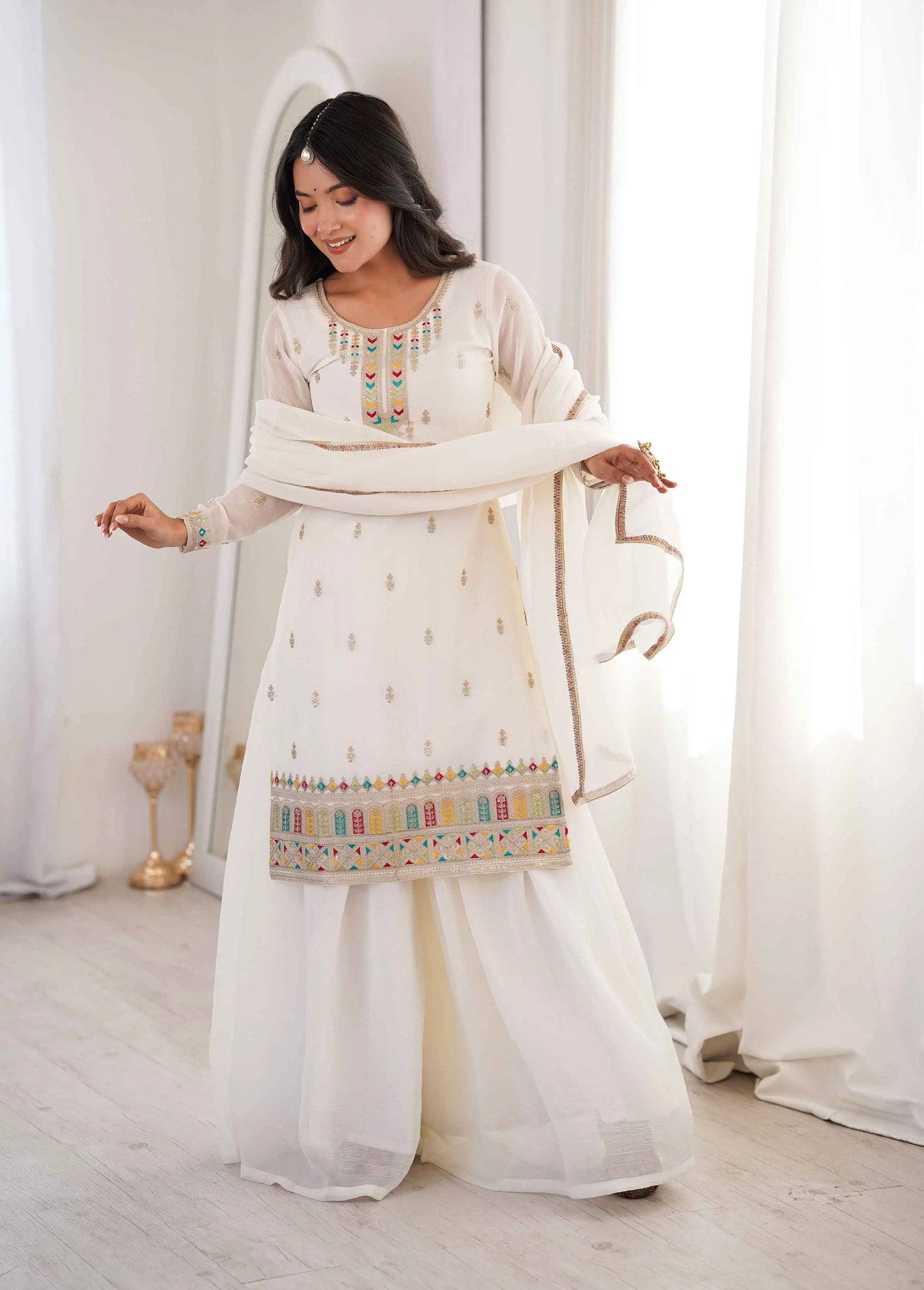 White Sharara Set With Embroidery Work