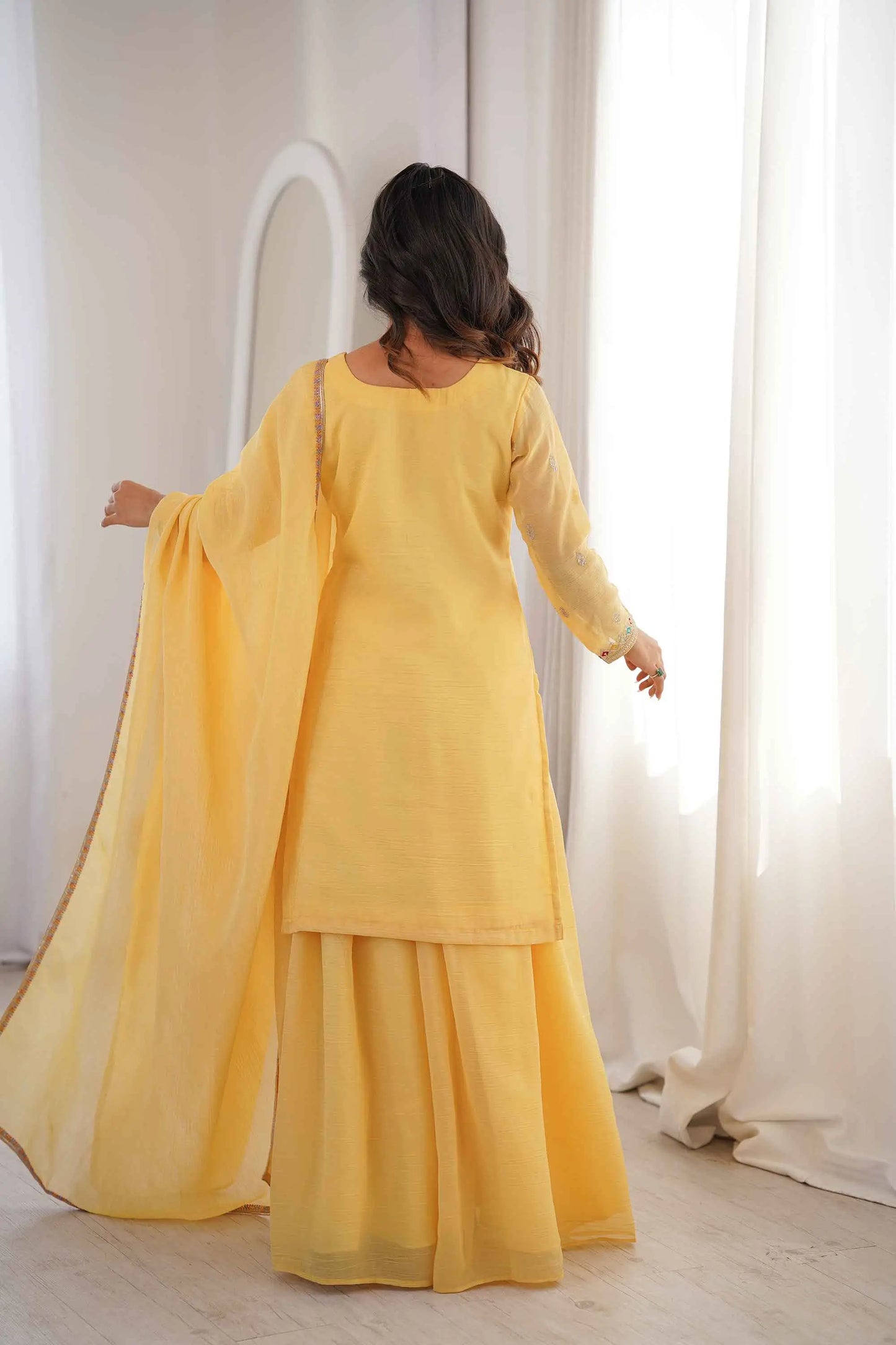 Yellow Sharara Set With Embroidery Work