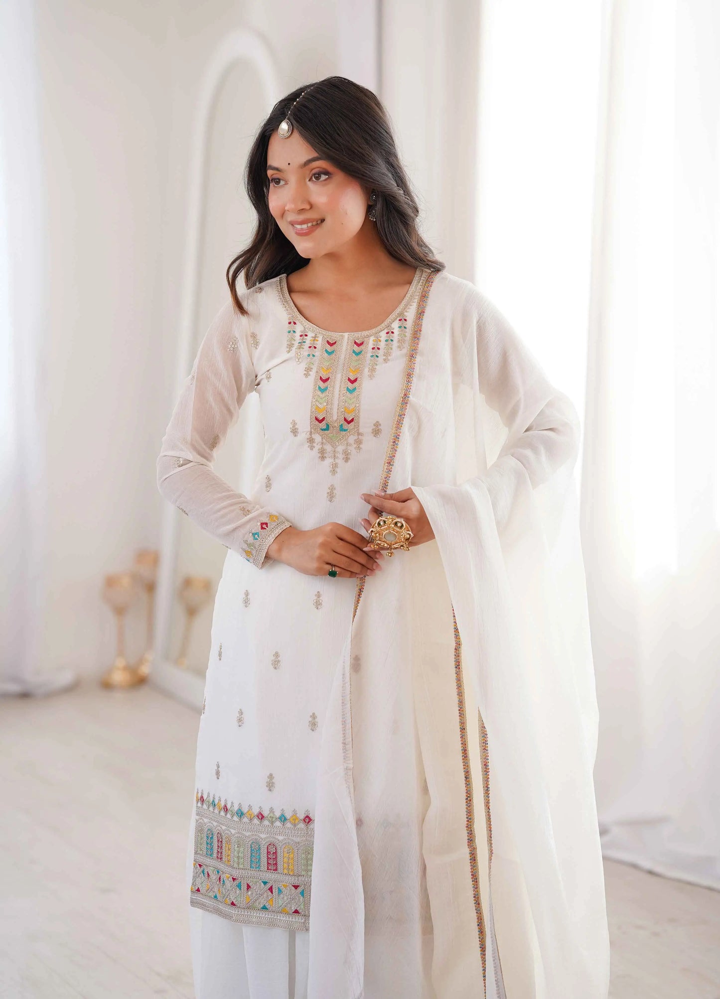 White Sharara Set With Embroidery Work