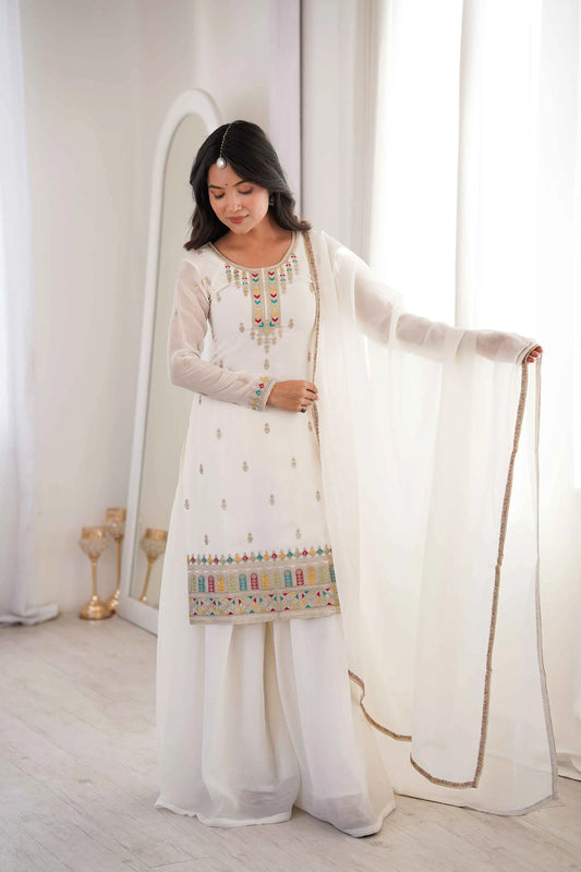 White Sharara Set With Embroidery Work
