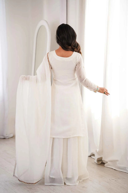 White Sharara Set With Embroidery Work