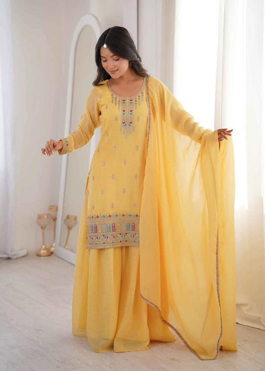Yellow Sharara Set With Embroidery Work