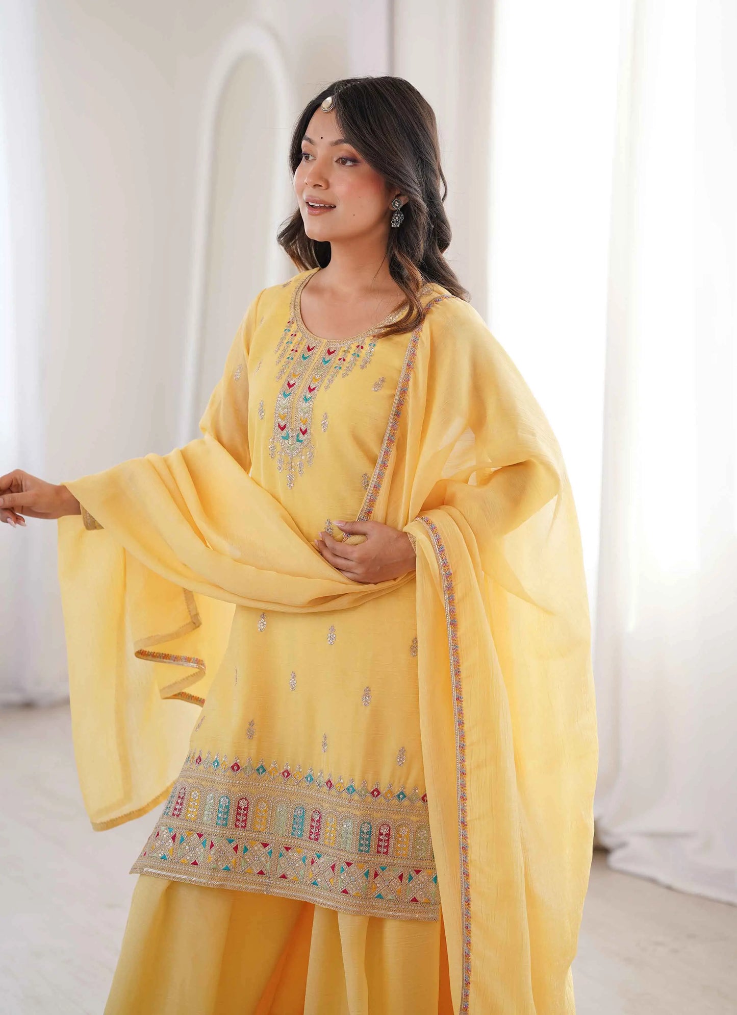 Yellow Sharara Set With Embroidery Work