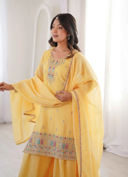 Yellow Sharara Set With Embroidery Work